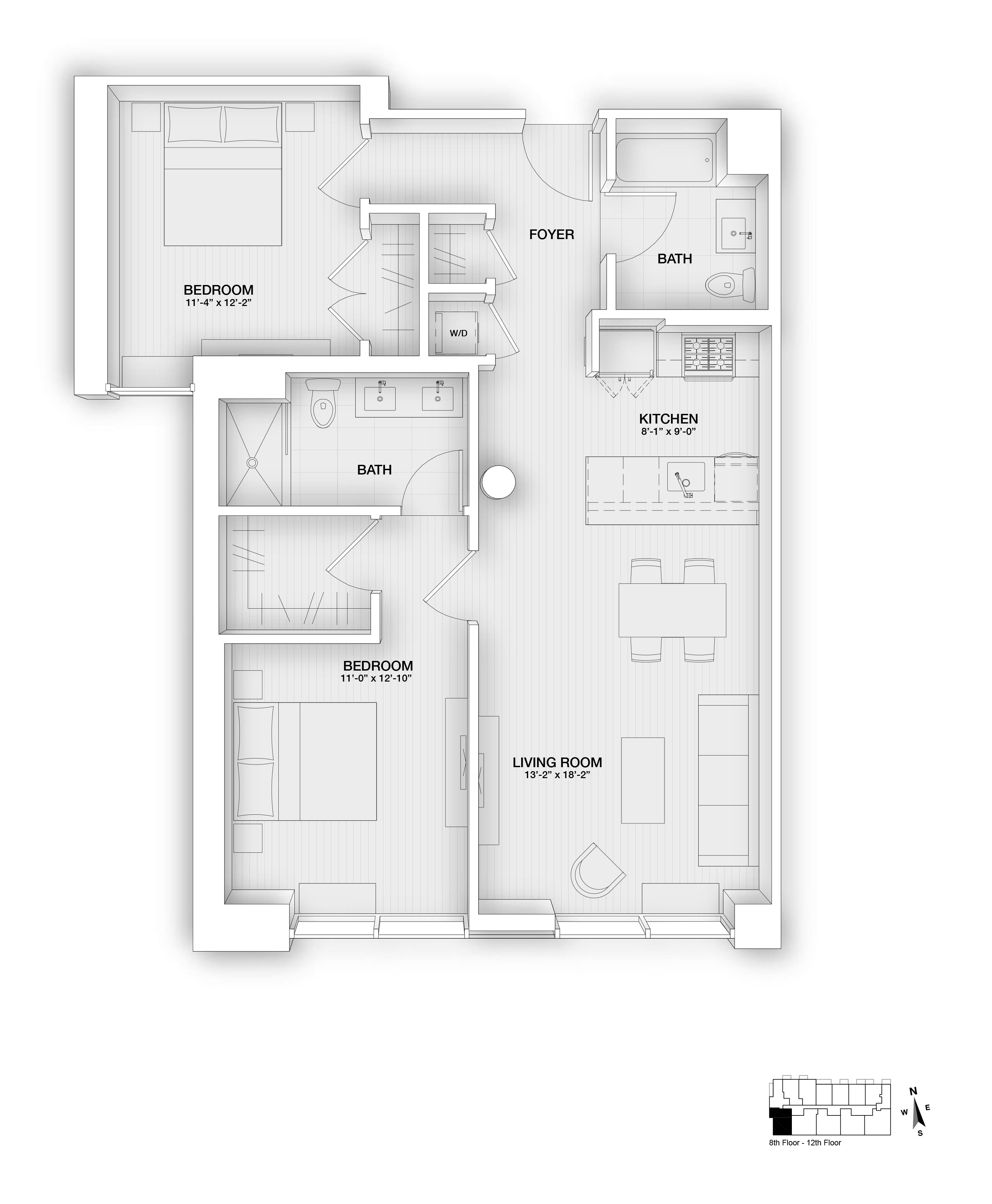 Floor plan for 2 beds, 2 baths, 1081 sqft